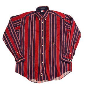 Vintage 90s Tommy Hilfiger Mens Striped Red Blue Long Sleeve Button Down Shirt L